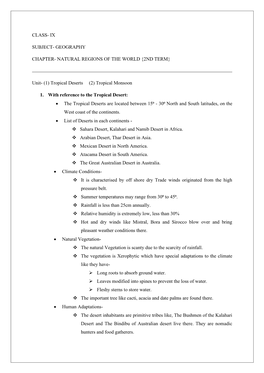 CLASS- IX SUBJECT- GEOGRAPHY CHAPTER- NATURAL REGIONS of the WORLD {2ND TERM} Unit- (1) Tropical Deserts (2) Tropical Monsoo