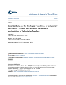 Social Solidarity and the Ontological Foundations of Exclusionary Nationalism: Durkheim and Levinas on the Historical Manifestations of Authoritarian Populism