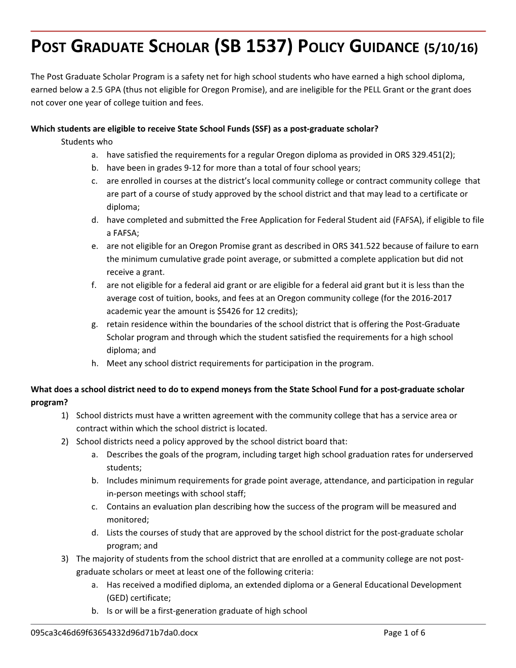 Post Graduate Scholar (SB 1537) Policy Guidance (5/10/16)