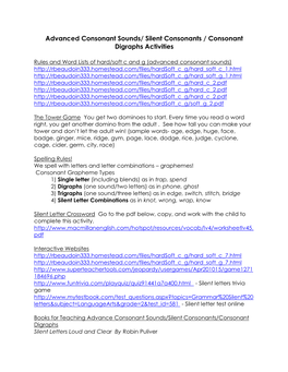 Advanced Consonant Sounds/ Silent Consonants / Consonant Digraphs Activities