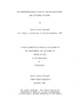 An Ethnoarchaeological Study of Tahltan Subsistence and Settlement Patterns