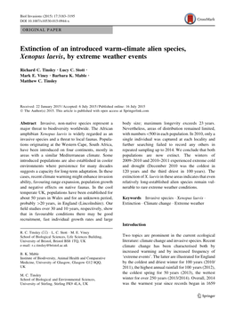Extinction of an Introduced Warm-Climate Alien Species, Xenopus Laevis, by Extreme Weather Events
