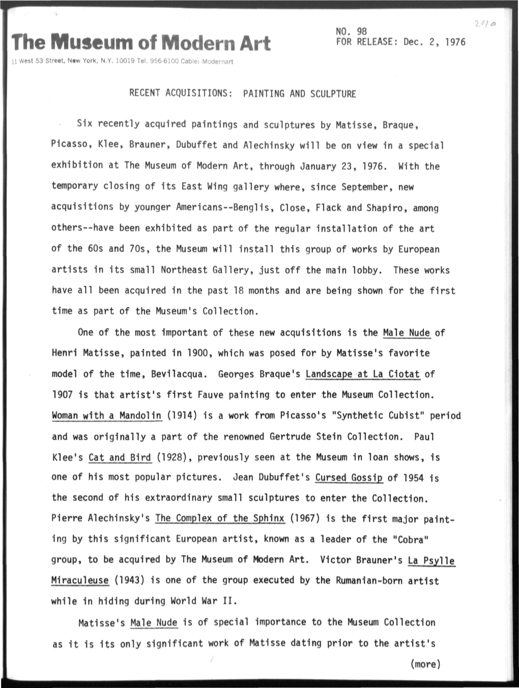 The Museum of Modern Art F0R RELEASE: Dec 2>1976 11 West 53 Street, New York, N.Y