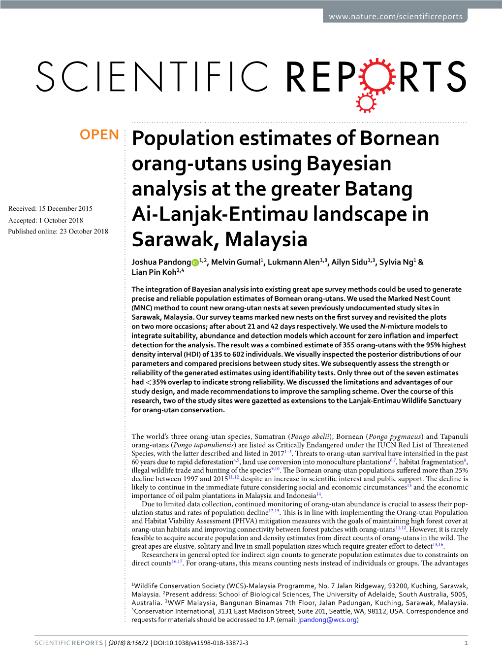Population Estimates of Bornean Orang-Utans Using Bayesian Analysis at the Greater Batang Ai-Lanjak-Entimau Landscape in Sarawak