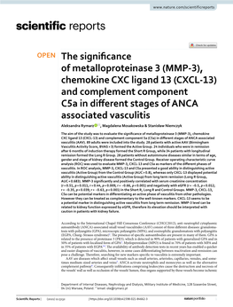 (CXCL‑13) and Complement Component C5a in Different Stages of ANCA Associated Vasculitis