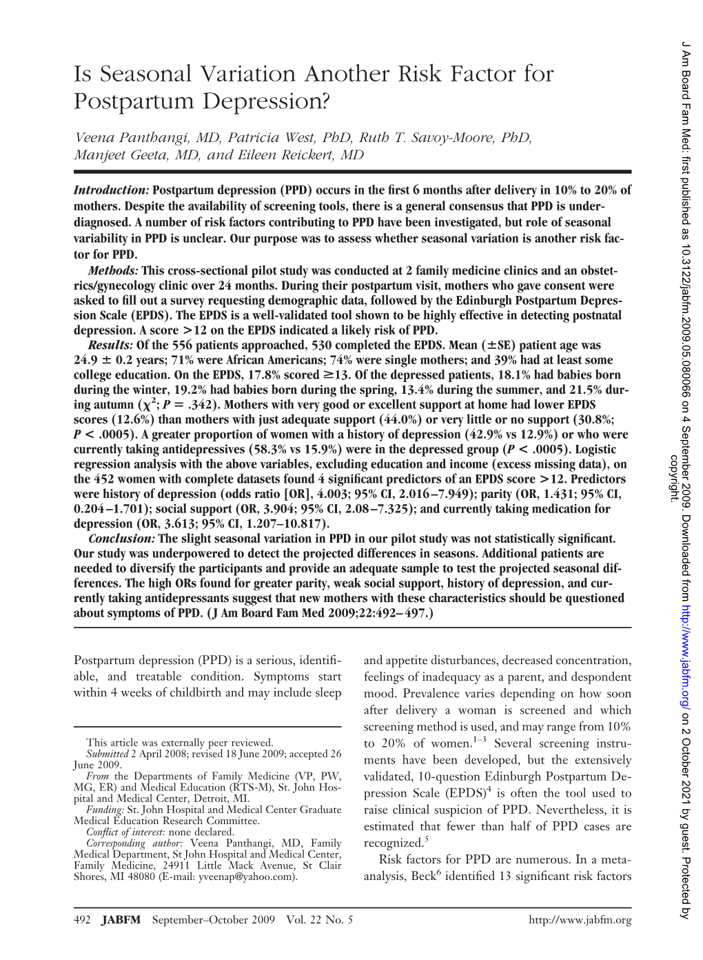 Is Seasonal Variation Another Risk Factor for Postpartum Depression?