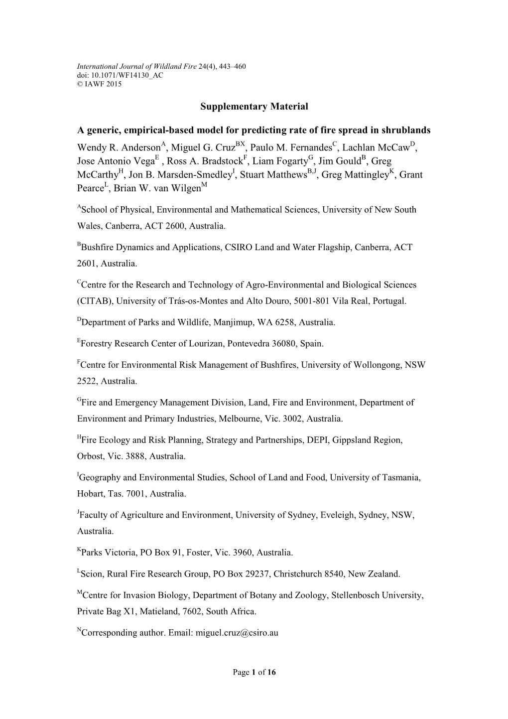 Supplementary Material a Generic, Empirical-Based Model for Predicting Rate of Fire Spread in Shrublands Wendy R. Anderson