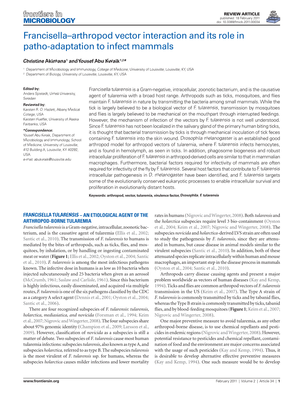 Francisella–Arthropod Vector Interaction and Its Role in Patho‑Adaptation to Infect Mammals