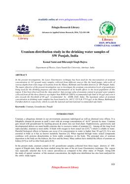 Uranium Distribution Study in the Drinking Water Samples of SW Punjab, India