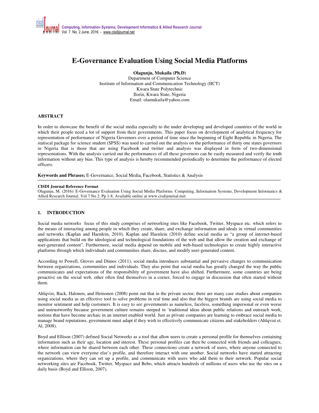 E-Governance Evaluation Using Social Media Platforms