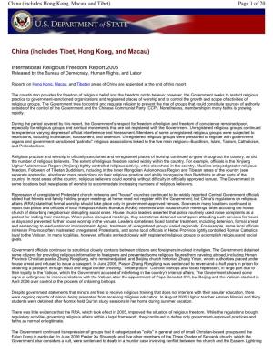 Report on International Religious Freedom 2006: China-Tibet, Hong