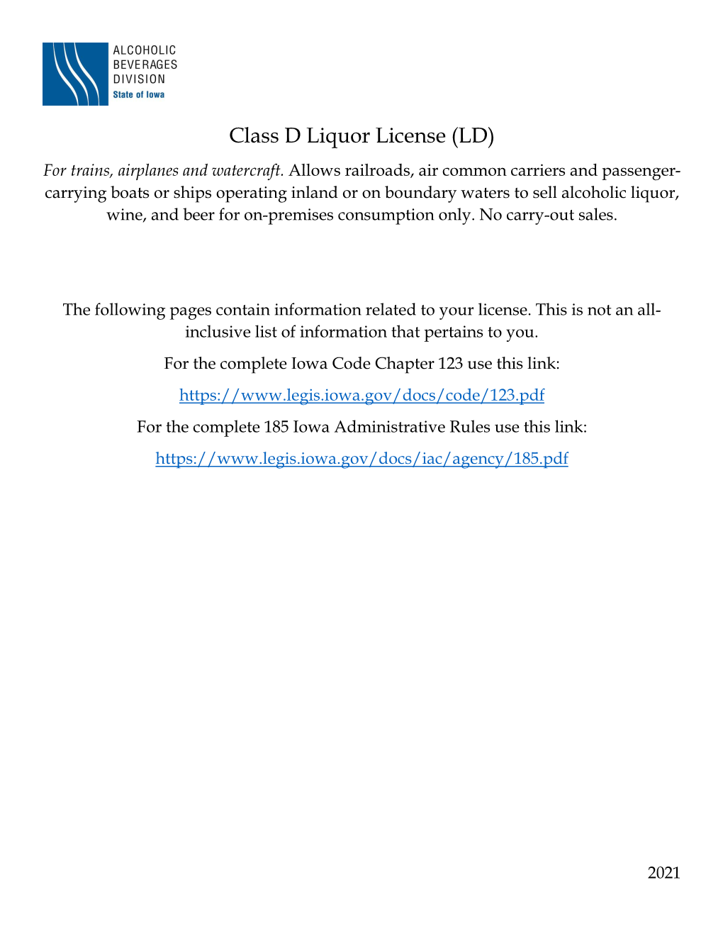 Class D Liquor License (LD) for Trains, Airplanes and Watercraft