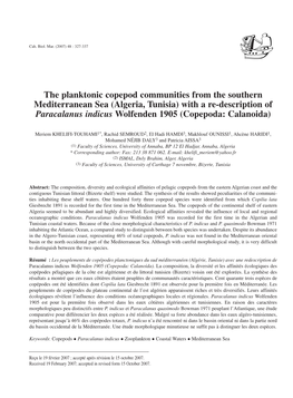 The Planktonic Copepod Communities from the Southern Mediterranean Sea (Algeria, Tunisia) with a Re-Description of Paracalanus I