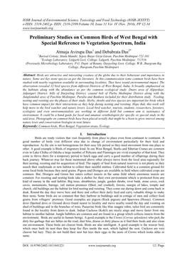 Preliminary Studies on Common Birds of West Bengal with Special Reference to Vegetation Spectrum, India