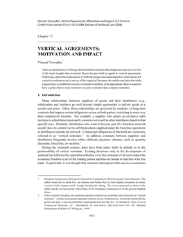 Vertical Agreements: Motivation and Impact , in 3 ISSUES in COMPETITION LAW and POLICY 1813 (ABA Section of Antitrust Law 2008)