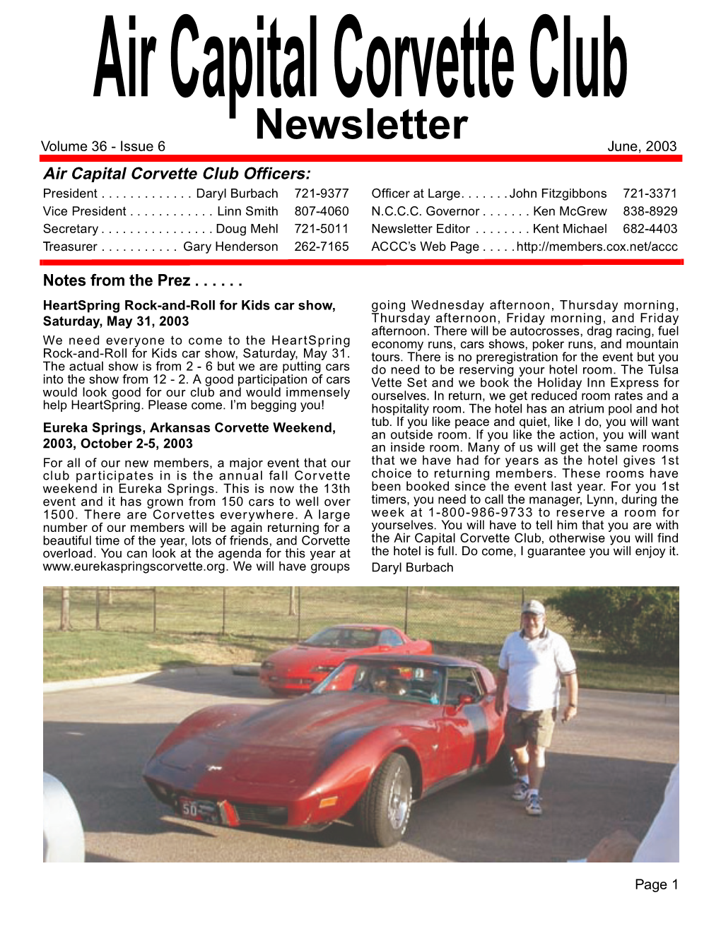 Newsletter June, 2003 Air Capital Corvette Club Officers: President
