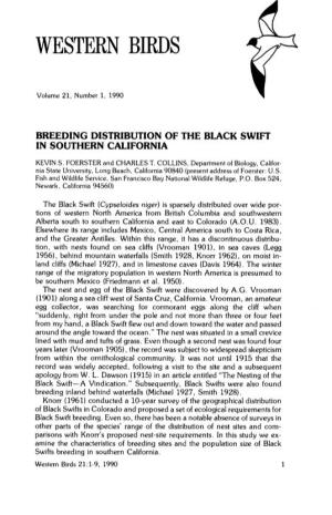 Breeding Distribution of the Black Swift in Southern California
