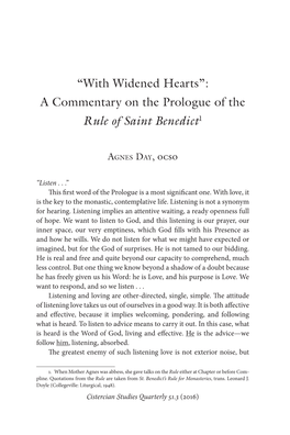 “With Widened Hearts”: a Commentary on the Prologue of the Rule of Saint Benedict1