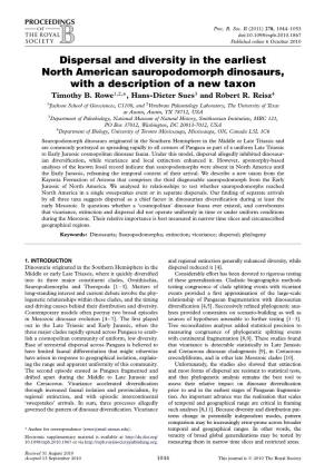 Dispersal and Diversity in the Earliest North American Sauropodomorph Dinosaurs, with a Description of a New Taxon Timothy B