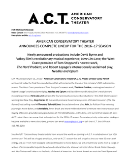 American Conservatory Theater Announces Complete Lineup for the 2016–17 Season