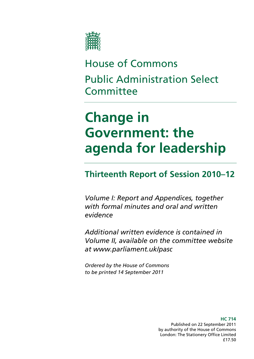 Change in Government: the Agenda for Leadership