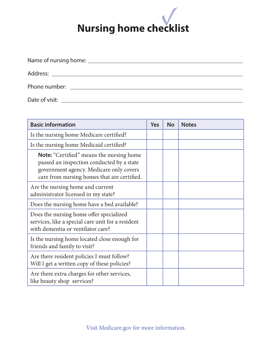 Nursing Home Checklist