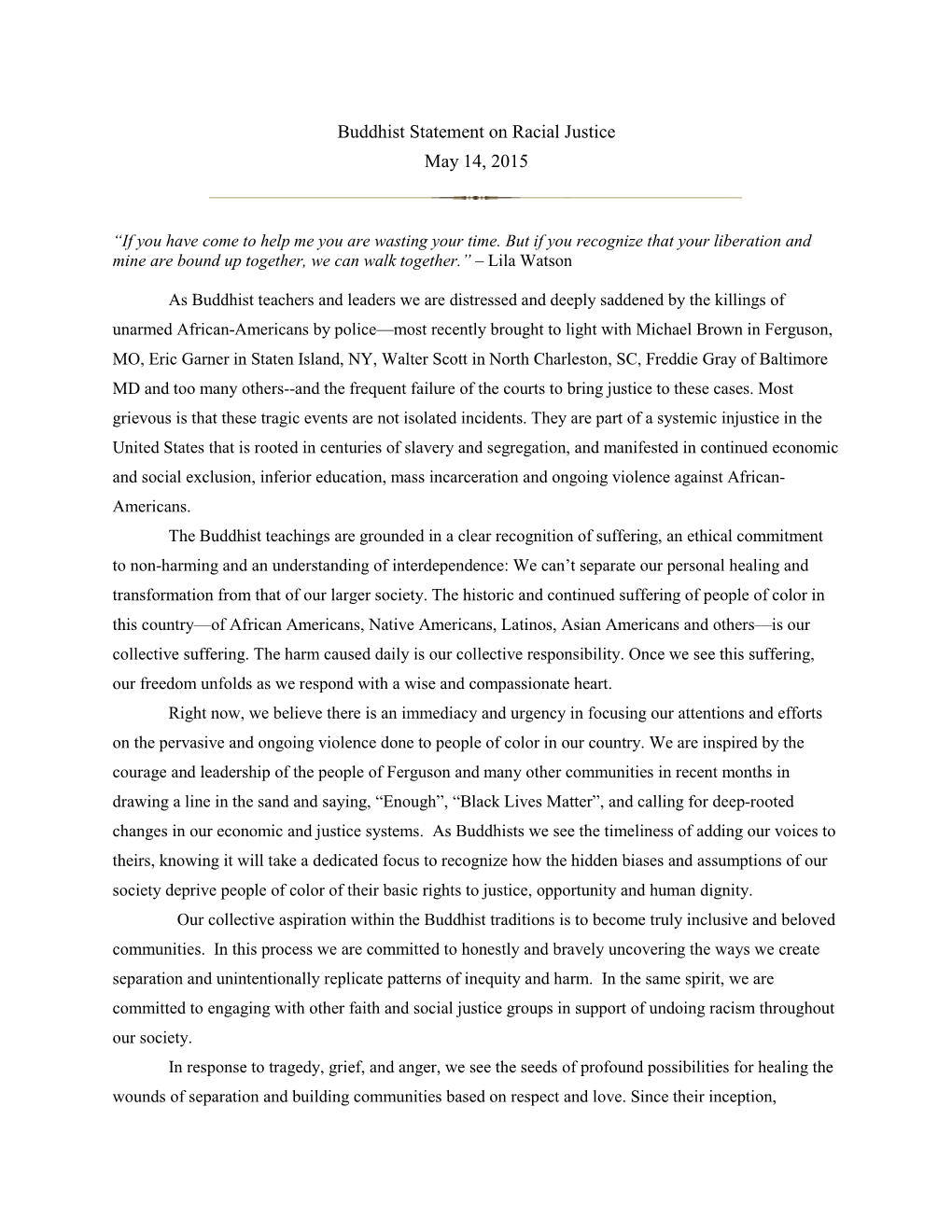 Buddhist Statement on Racial Justice May 14, 2015