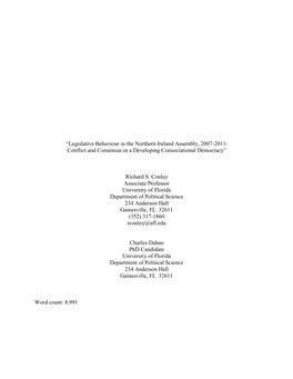 Legislative Behaviour in the Northern Ireland Assembly, 2007-2011: Conflict and Consensus in a Developing Consociational Democracy”