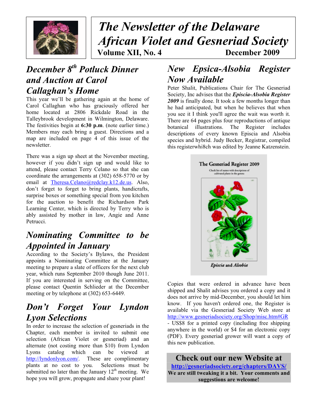 The Newsletter of the Delaware African Violet and Gesneriad Society