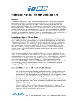 Release Notes—Io HD Version 1.0