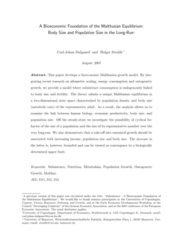 A Bioeconomic Foundation of the Malthusian Equilibrium: Body Size and Population Size in the Long-Run∗