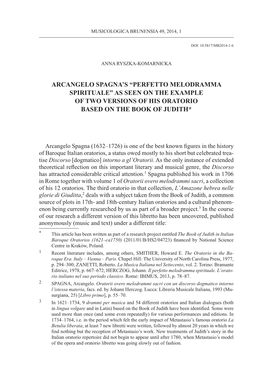 Arcangelo Spagna's “Perfetto Melodramma Spirituale” As Seen on the Example of Two Versions of His Oratorio Based On