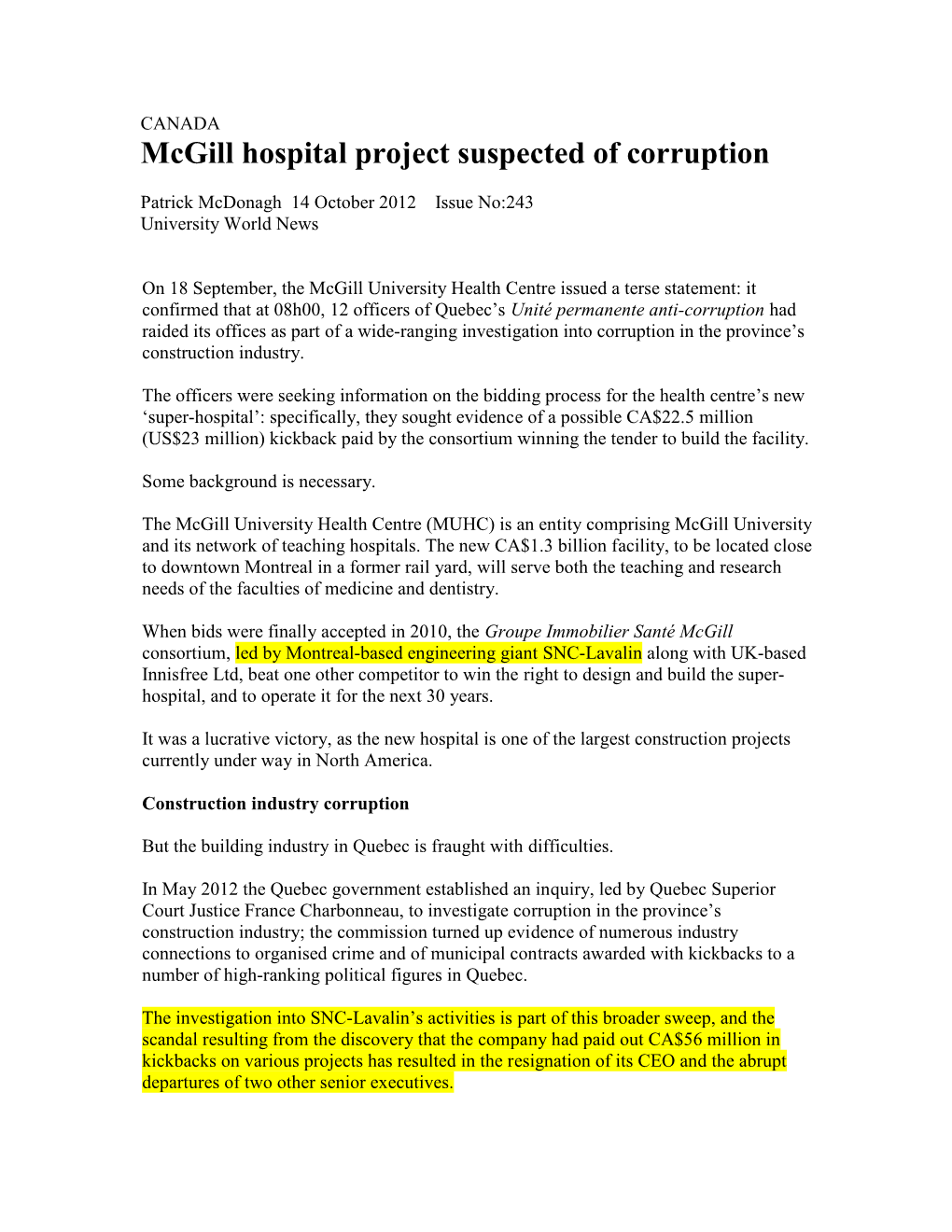 Mcgill Hospital Project Suspected of Corruption