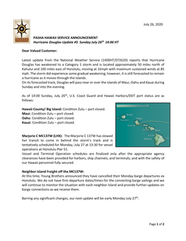 Pasha Hawaii Service Bulletin: Hurricane Douglas Update No 5