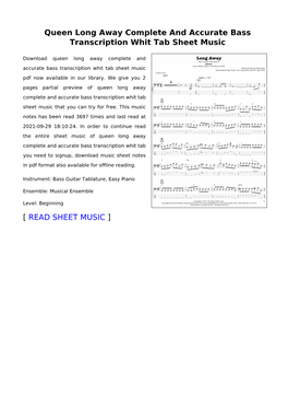 Queen Long Away Complete and Accurate Bass Transcription Whit Tab Sheet Music