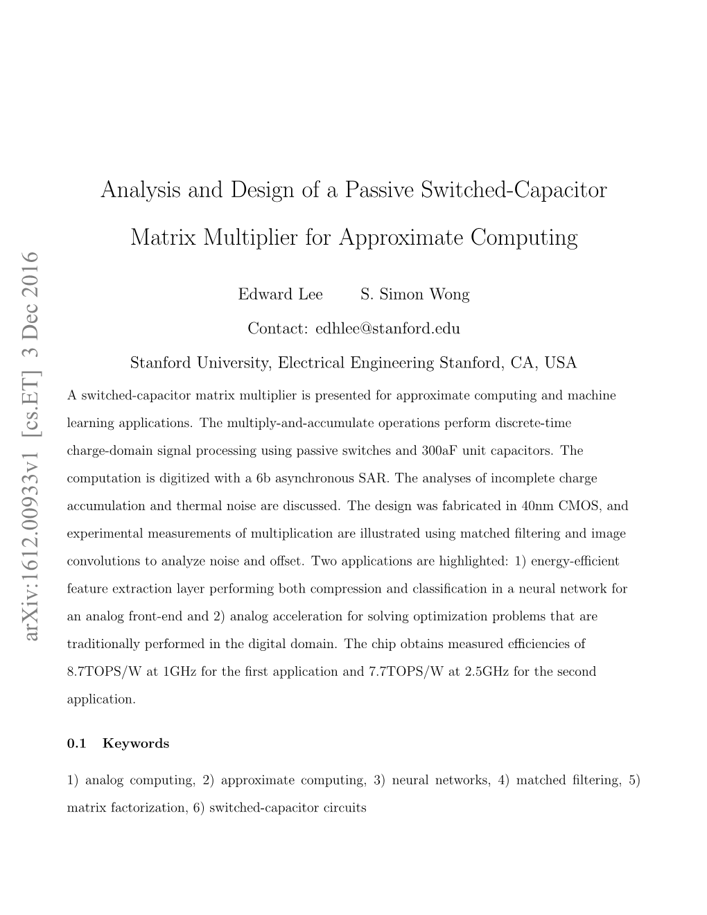 Analysis and Design of a Passive Switched-Capacitor Matrix Multiplier for Approximate Computing