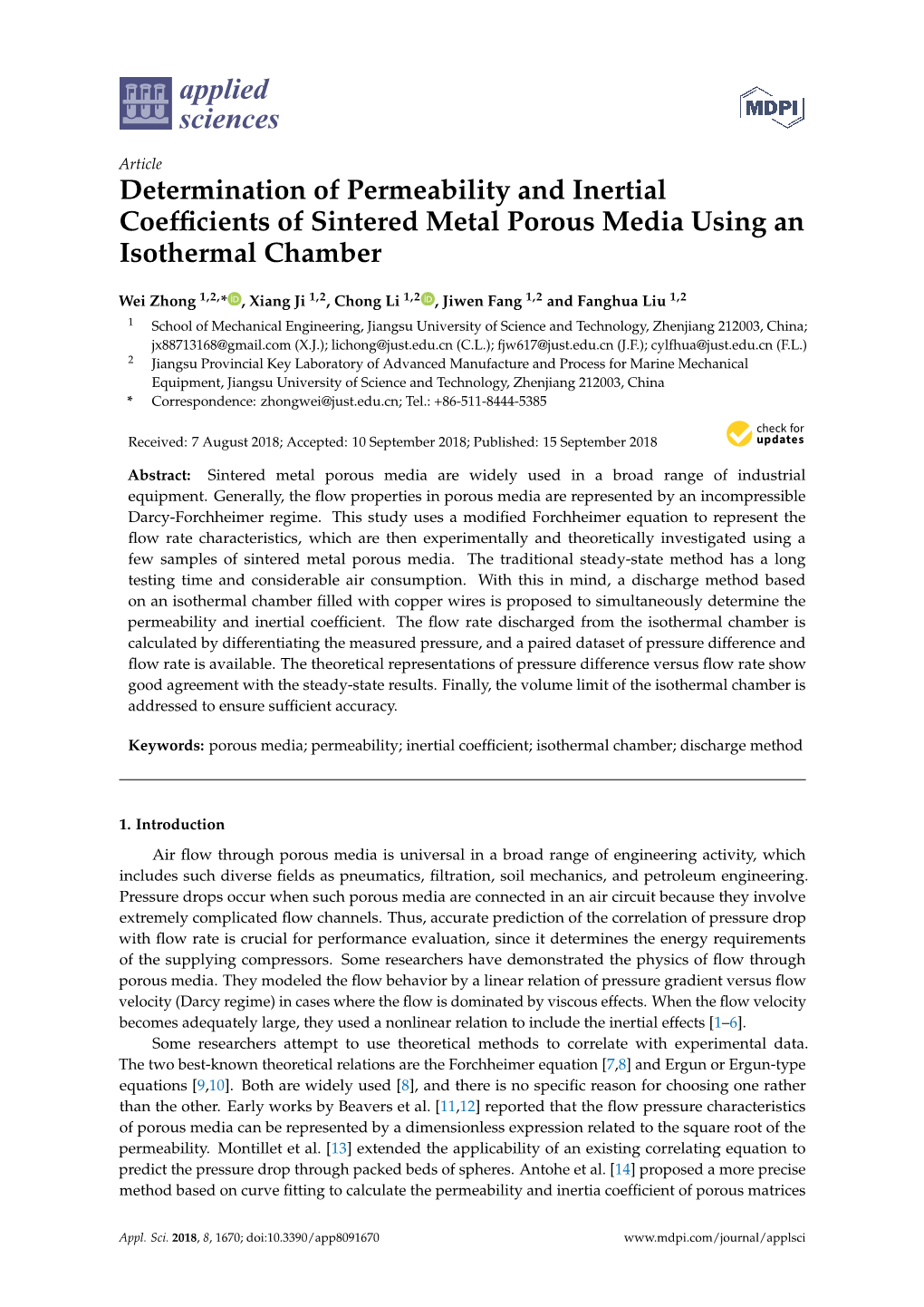 Determination of Permeability and Inertial Coefficients of Sintered