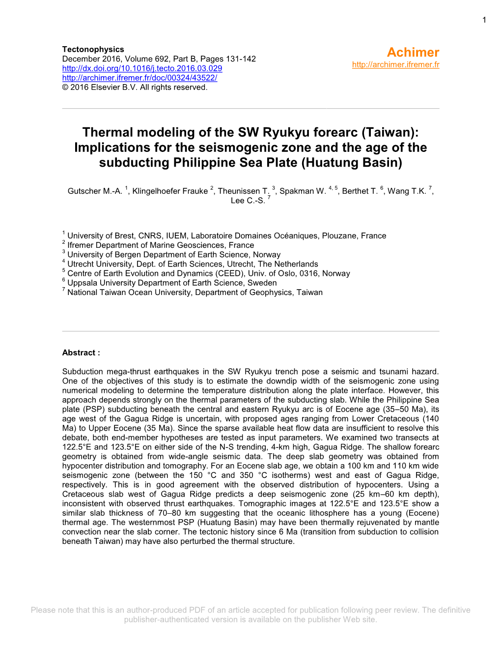 Thermal Modeling of the SW Ryukyu Forearc (Taiwan): Implications for the Seismogenic Zone and the Age of the Subducting Philippine Sea Plate (Huatung Basin)