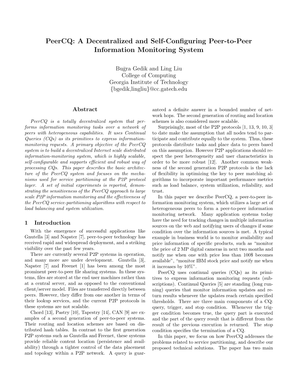 Peercq: a Decentralized and Self-Conﬁguring Peer-To-Peer Information Monitoring System