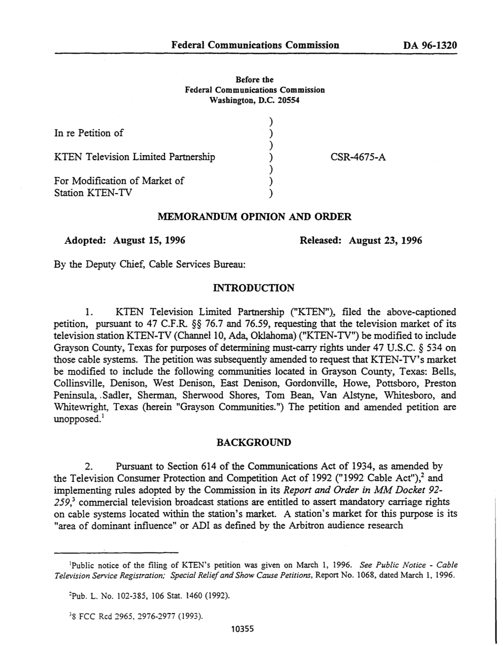 Federal Communications Commission in Re Petition of KTEN Television