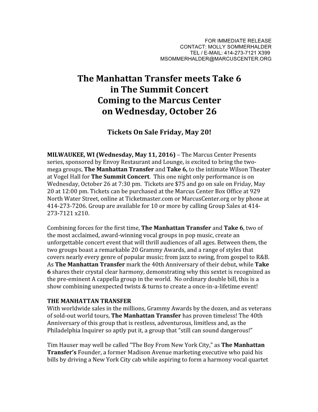 The Manhattan Transfer Meets Take 6 in the Summit Concert Coming to the Marcus Center on Wednesday, October 26