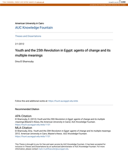 Youth and the 25Th Revolution in Egypt: Agents of Change and Its Multiple Meanings