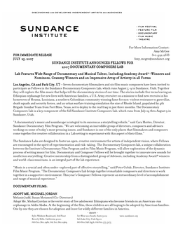 Sundance Institute Announces Fellows for 2007 Documentary Composers Lab