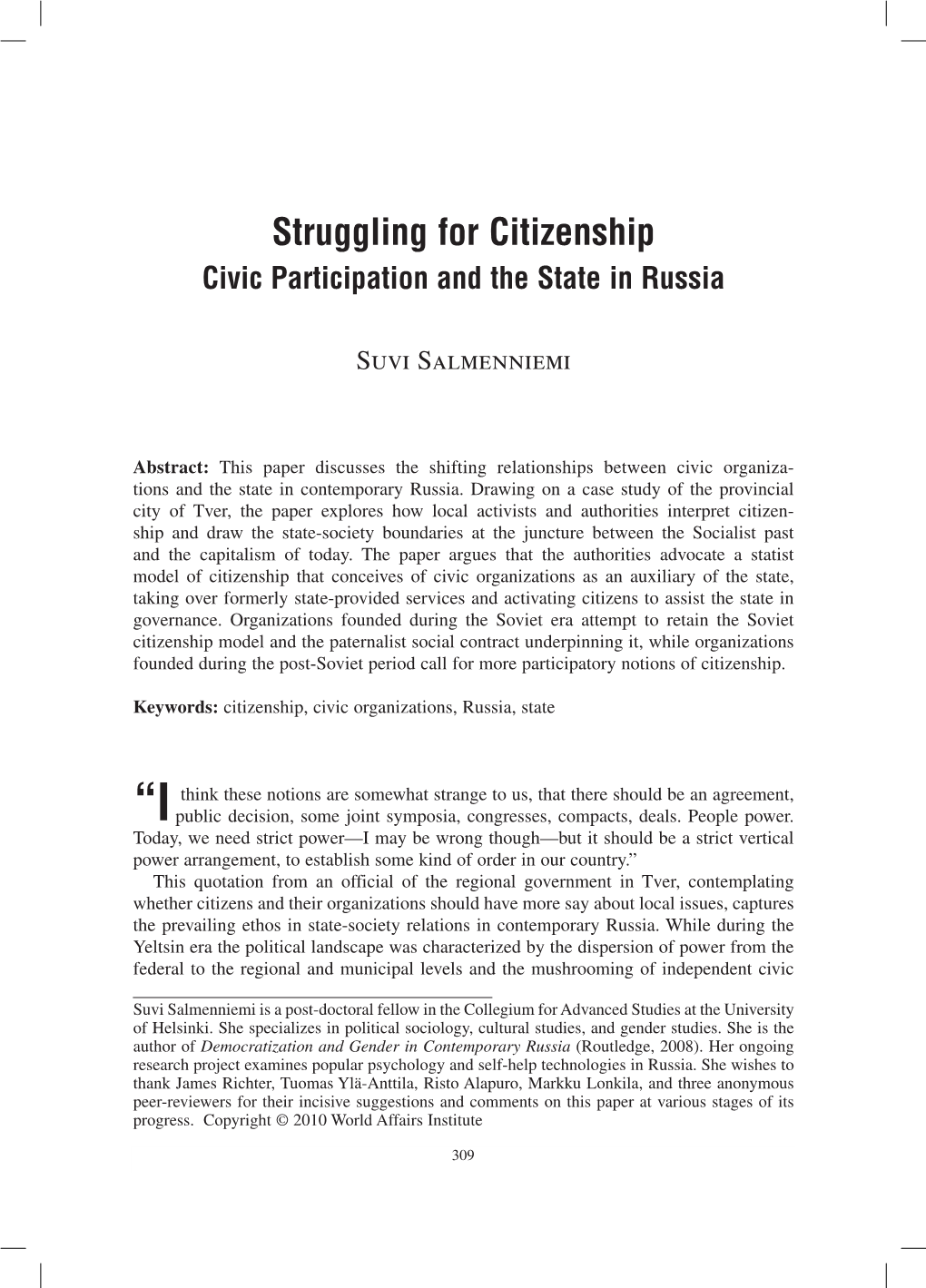 Struggling for Citizenship Civic Participation and the State in Russia