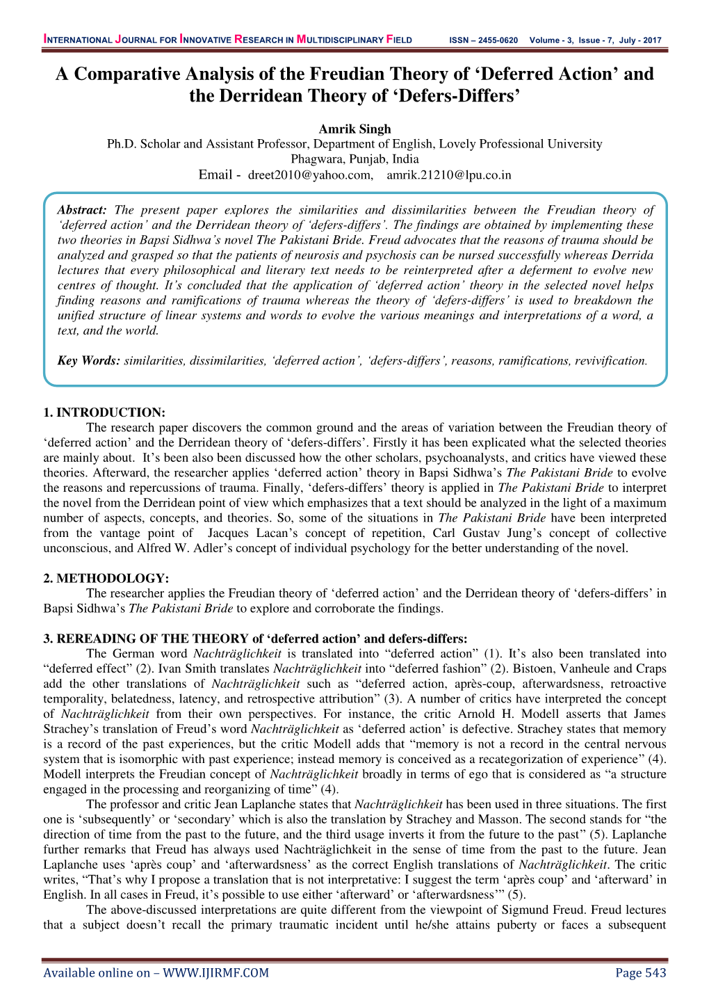 A Comparative Analysis of the Freudian Theory of 'Deferred Action'