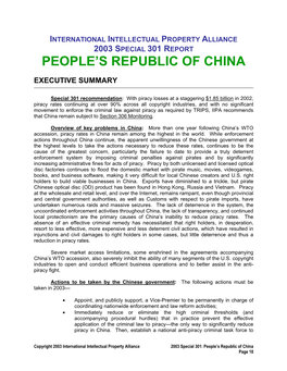 2003 Special 301 Report People’S Republic of China