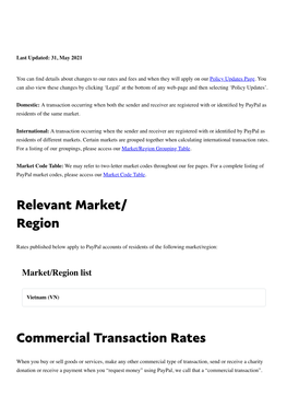 Relevant Market/ Region Commercial Transaction Rates