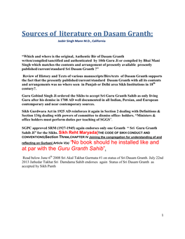 Sources of Literature on Dasam Granth; Jasbir Singh Mann M.D., California