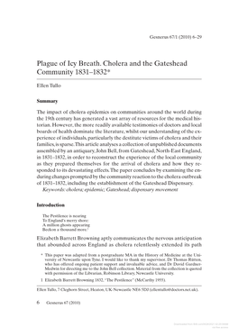 Plague of Icy Breath. Cholera and the Gateshead Community 1831–1832*