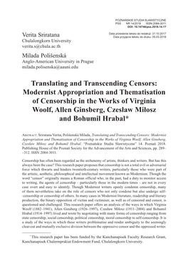 Modernist Appropriation and Thematisation of Censorship in the Works of Virginia Woolf, Allen Ginsberg, Czesław Miłosz and Bohumil Hrabal*